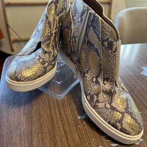 Paolo Gold and Gray Snake Print Ankle Boots